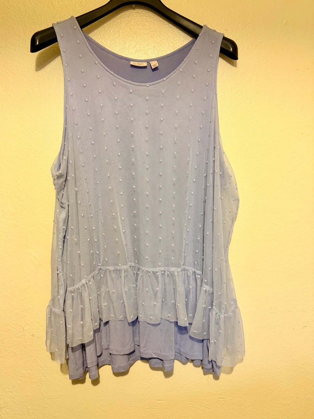 Logo Light and Blue Sleeveless Swiss Dot Ruffle Tank Size 3XL
